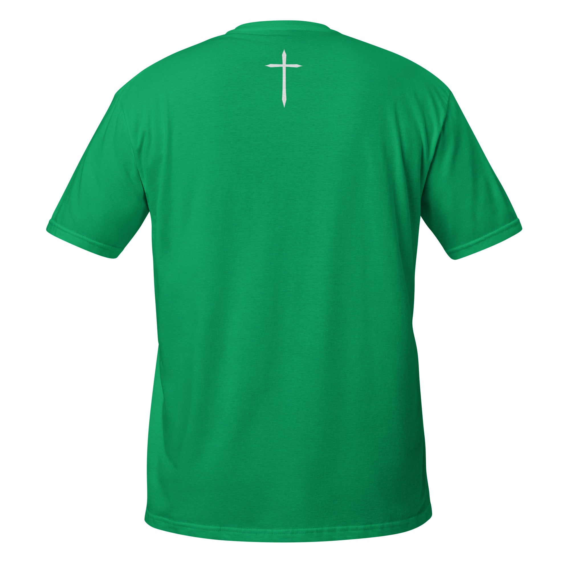 Green t-shirt with a white cross on the back against a white background