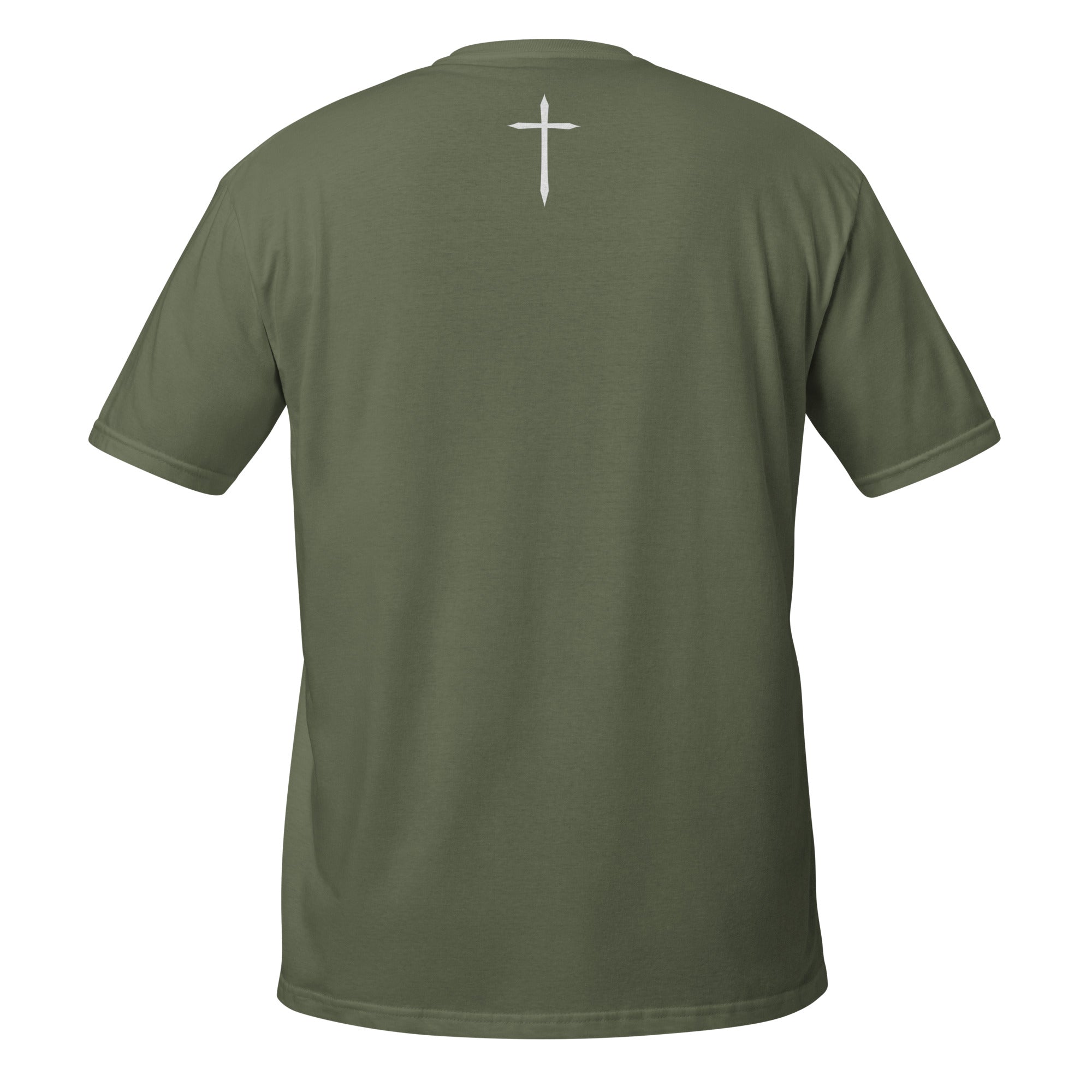 Green t-shirt with a white cross on the back against a white background