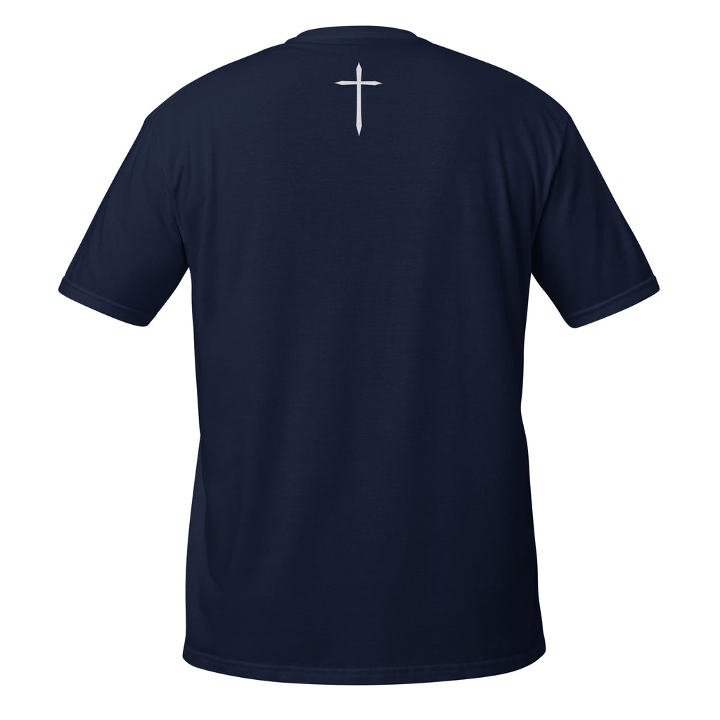 Navy blue t-shirt with a white cross on the back against a white background