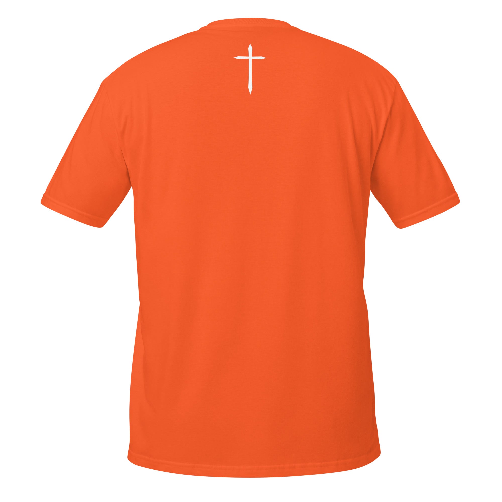 Orange t-shirt with a white cross on the back against a white background