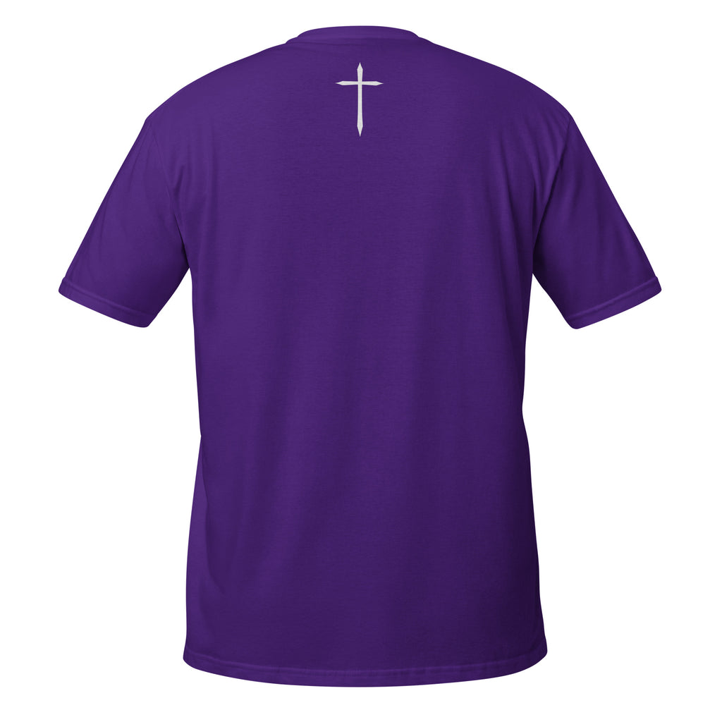 Purple t-shirt with a white cross on the back against a white background