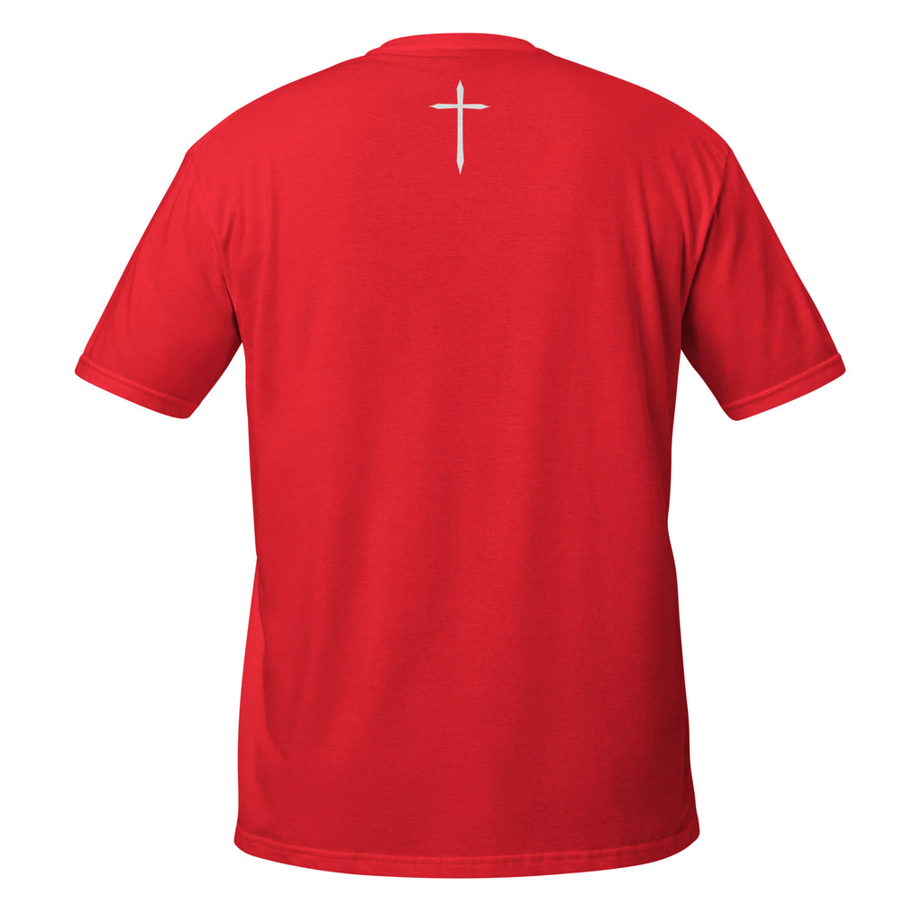Red t-shirt with a white cross on the back against a white background