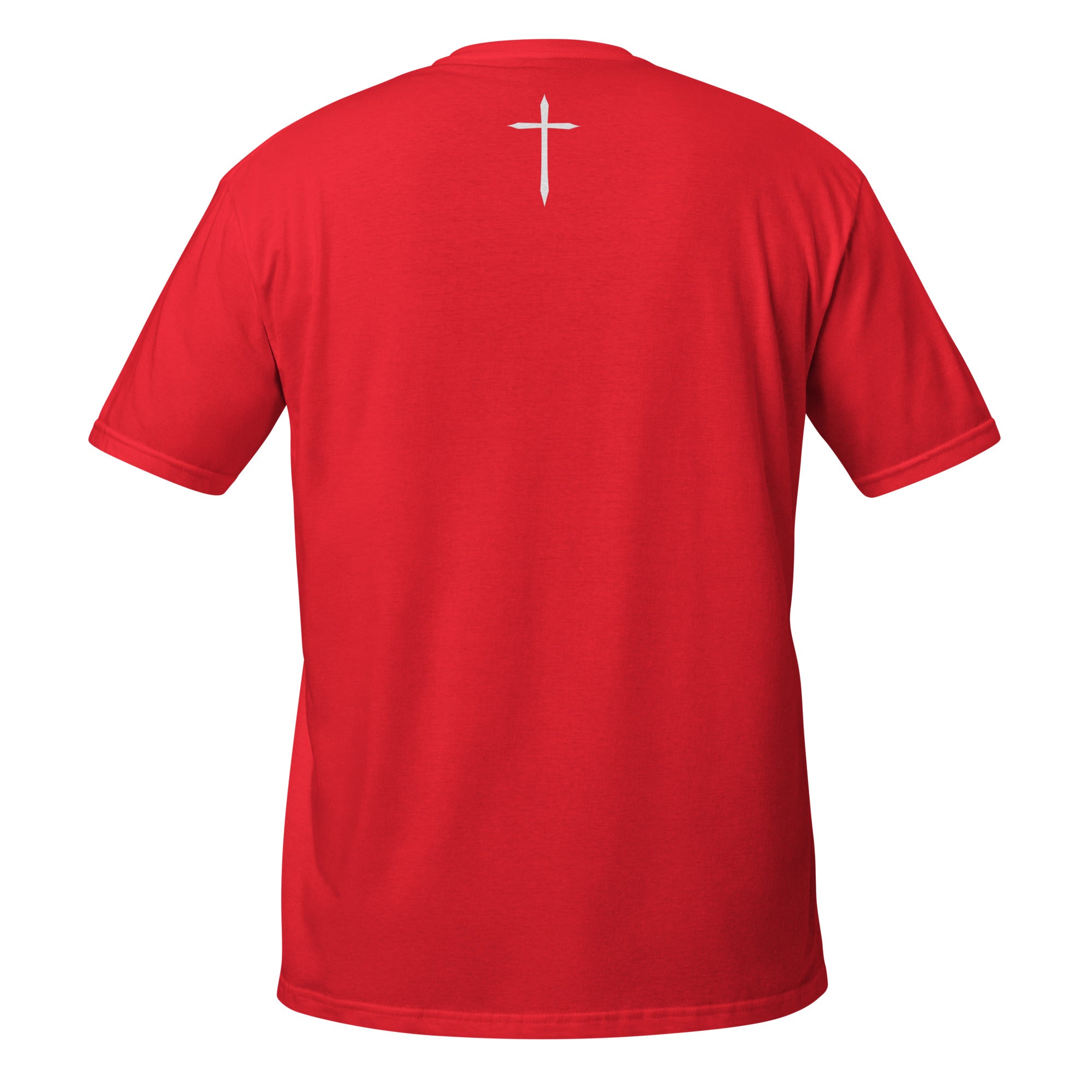 Red t-shirt with a white cross on the back against a white background