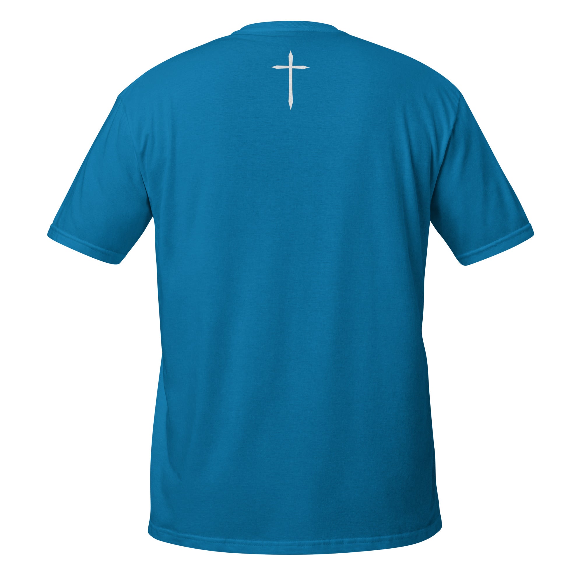Blue t-shirt with a white cross on the back against a white background