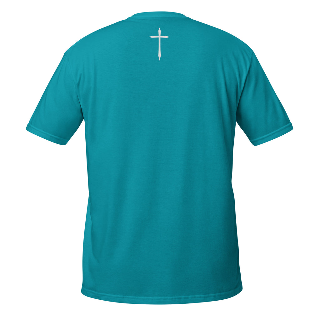 Teal t-shirt with a white cross on the back against a white background