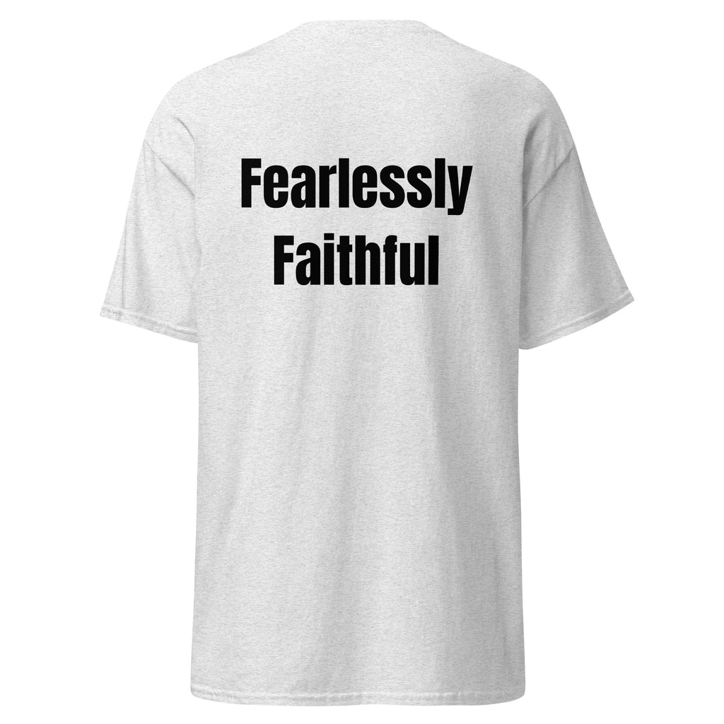 White t-shirt with 'Fearlessly Faithful' text on the back against a white background