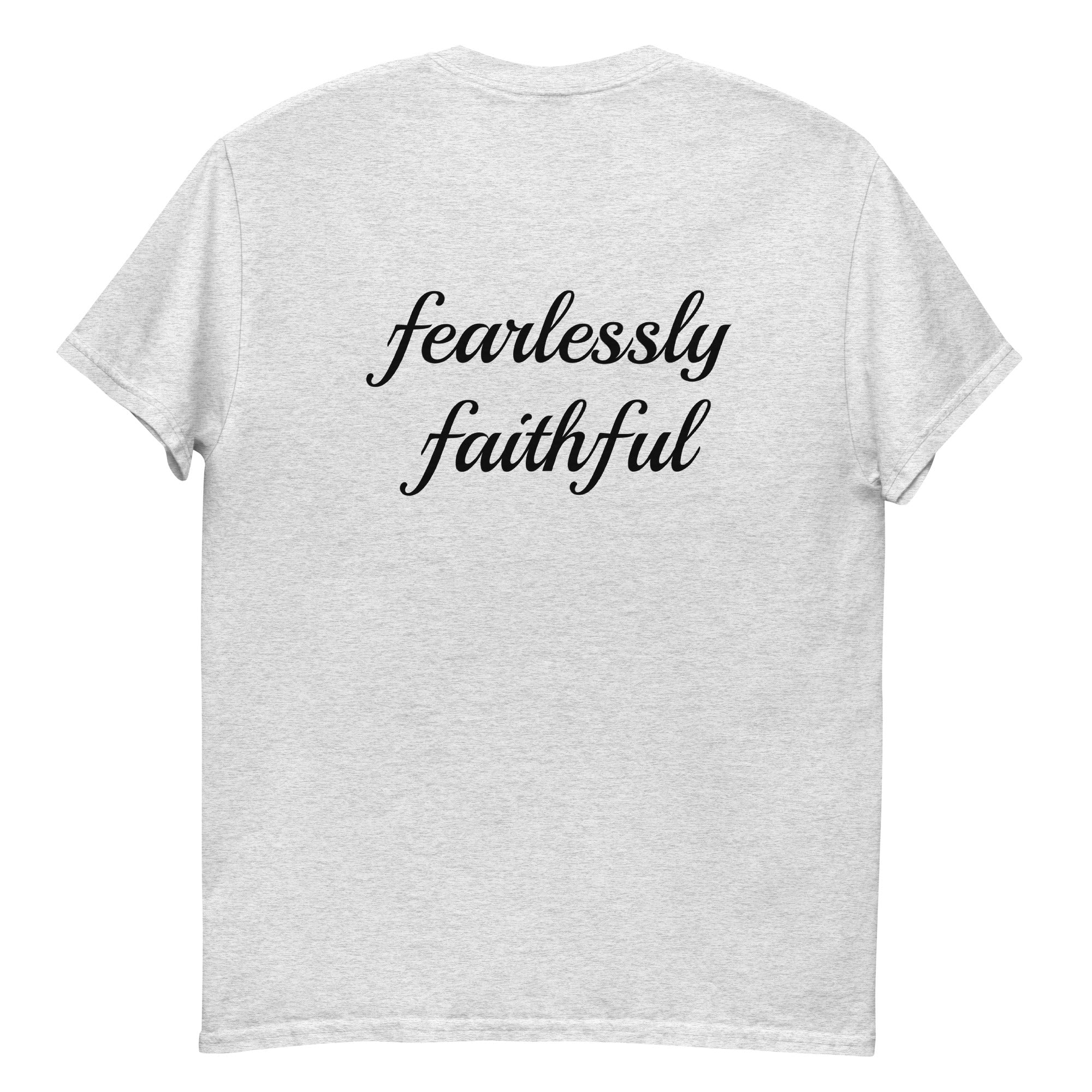 Gray t-shirt with 'fearlessly faithful' text on a white background