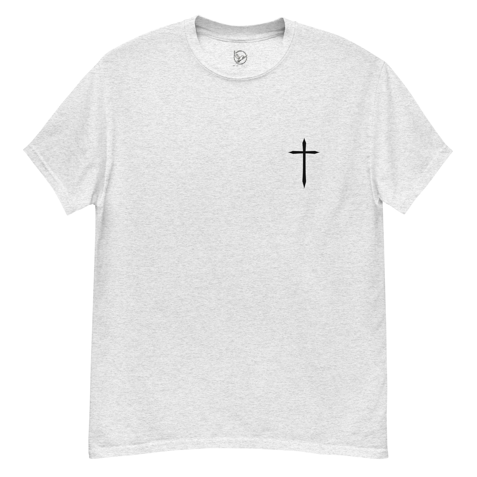 Gray t-shirt with a black cross on a white background