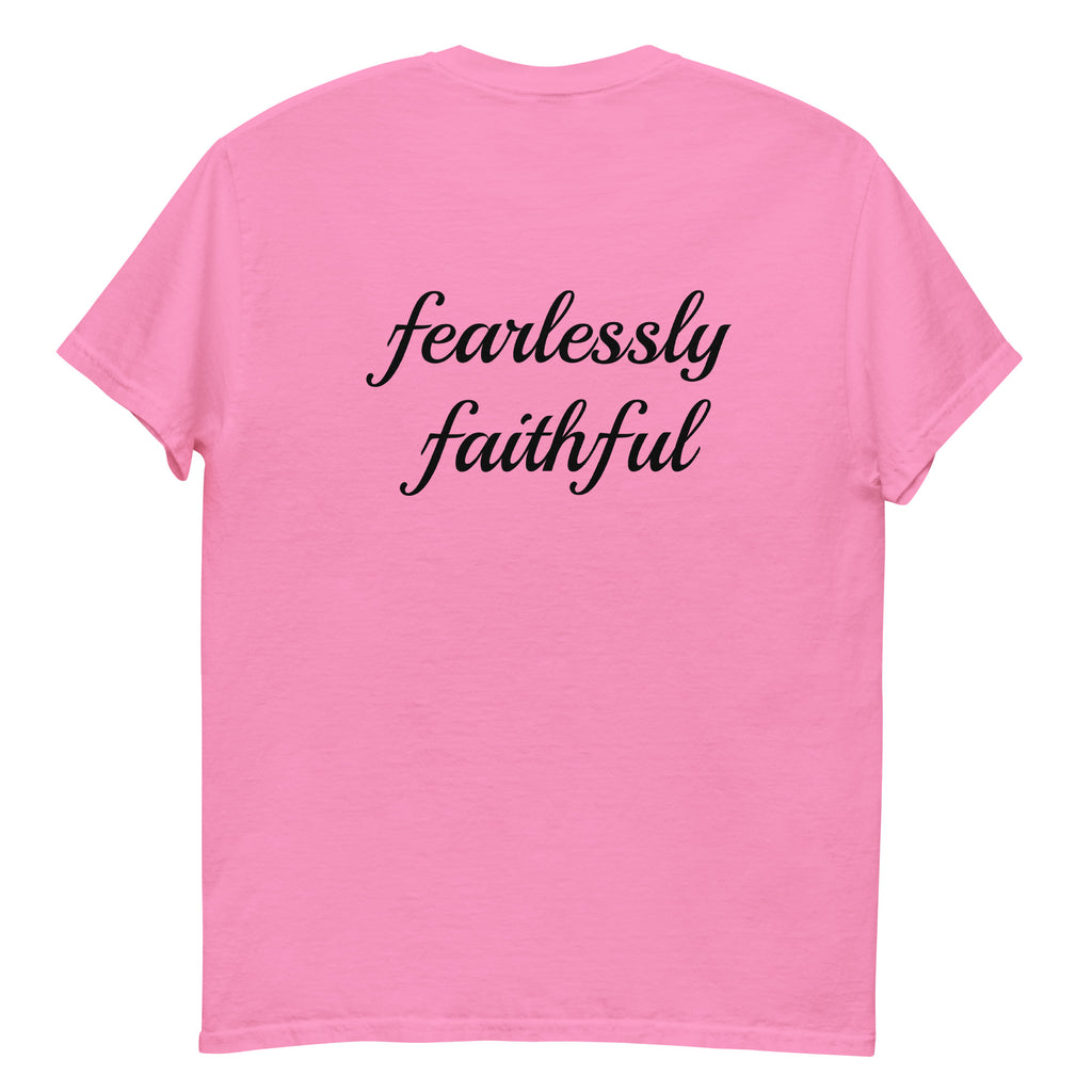 Pink t-shirt with 'fearlessly faithful' text on a white background