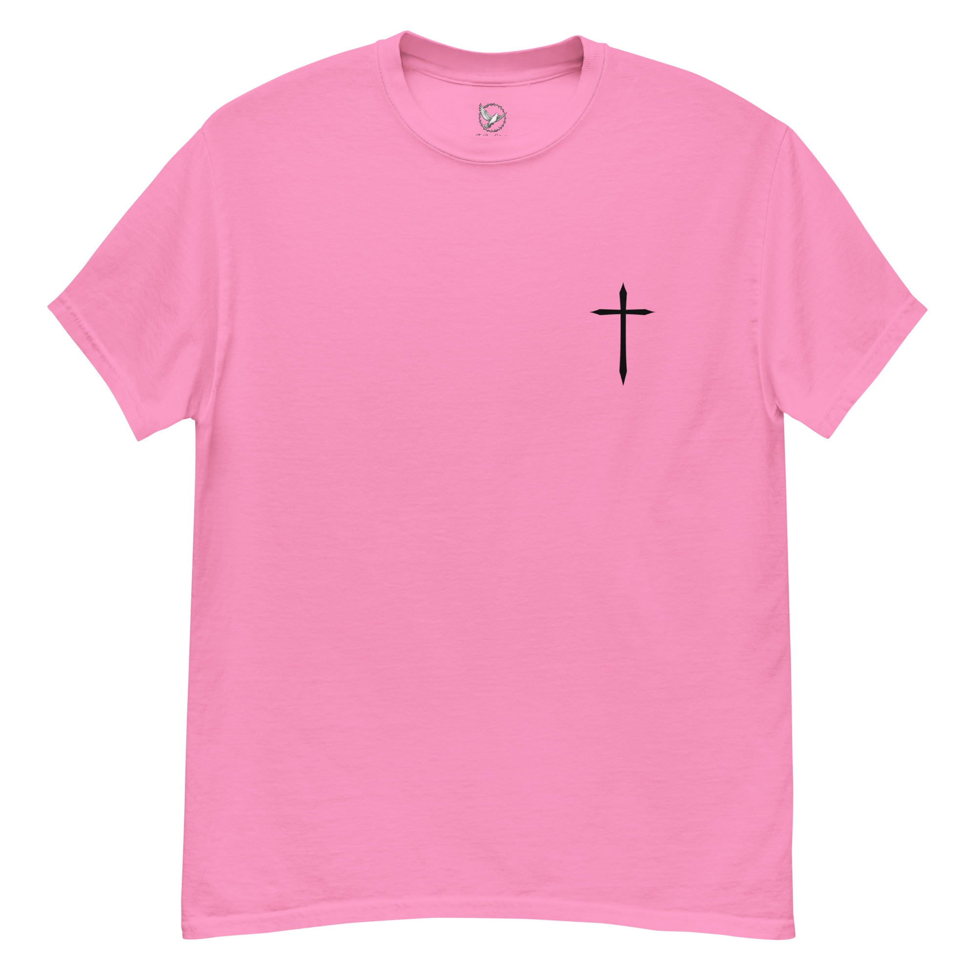 Pink t-shirt with a black cross on a white background