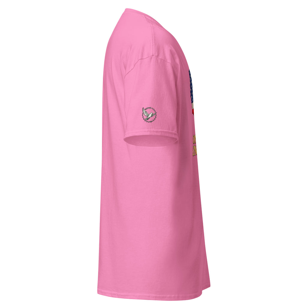 Pink shirt with a small logo on the sleeve against a white background