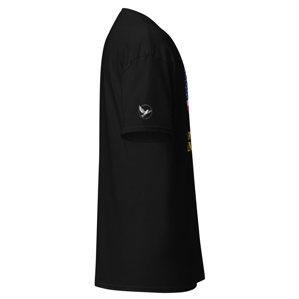 Black t-shirt with a logo on the sleeve against a white background