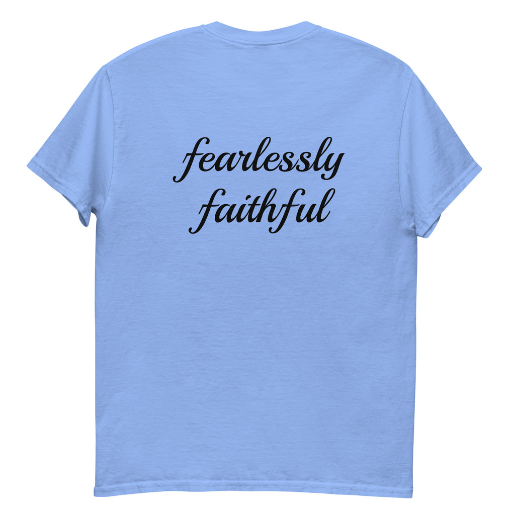 Light blue t-shirt with 'fearlessly faithful' text on a white background