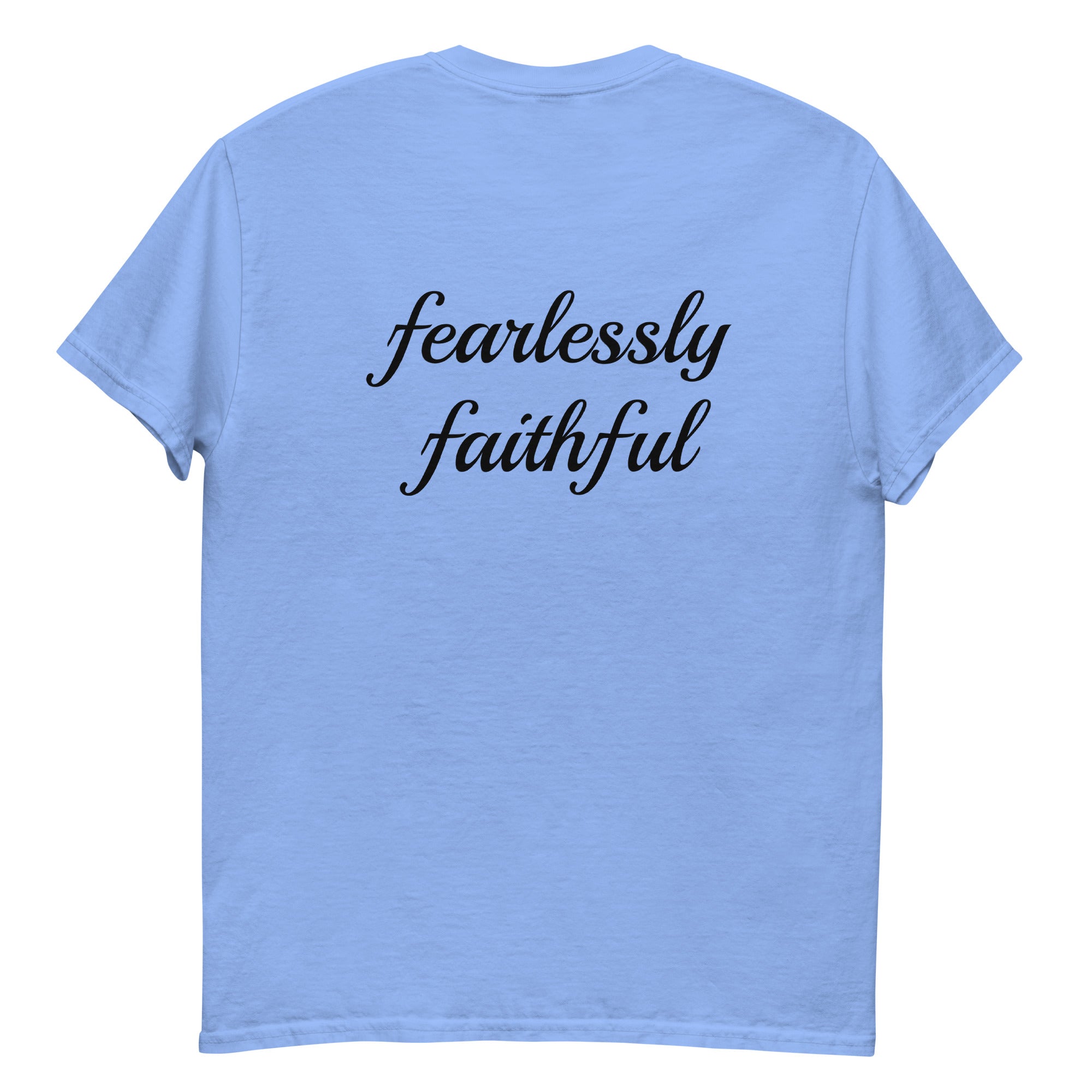 Light blue t-shirt with 'fearlessly faithful' text on a white background