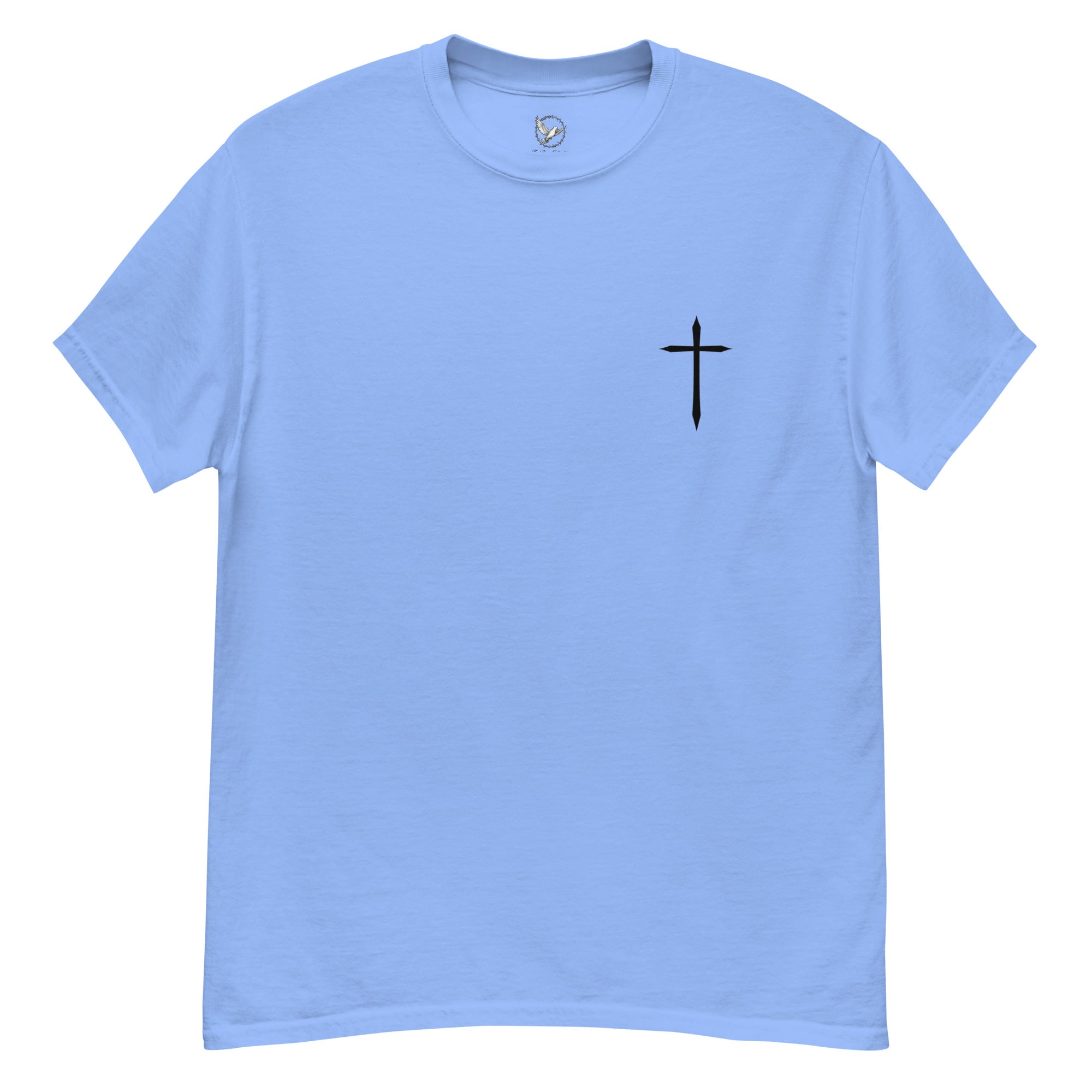 Light blue t-shirt with a black cross on a white background