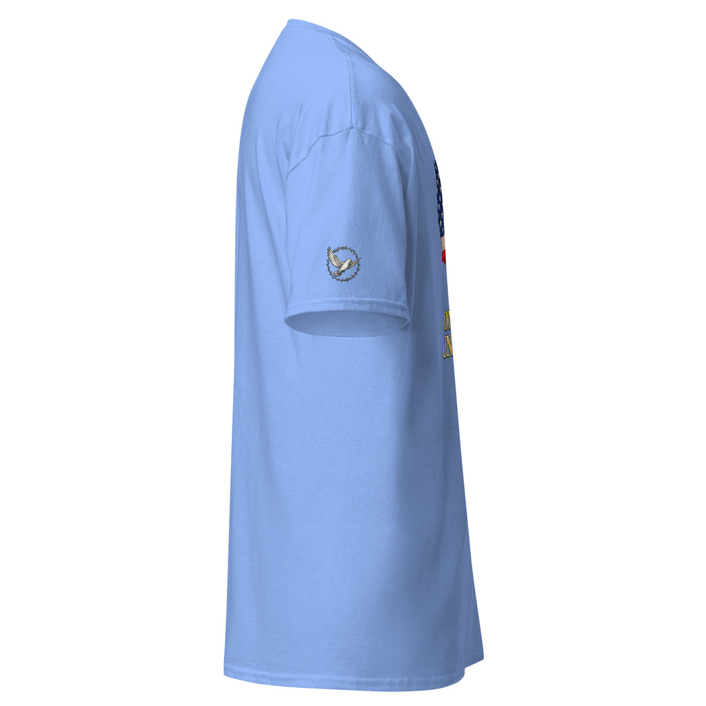 Light blue t-shirt with a small logo on the chest and text on the sleeve against a white background