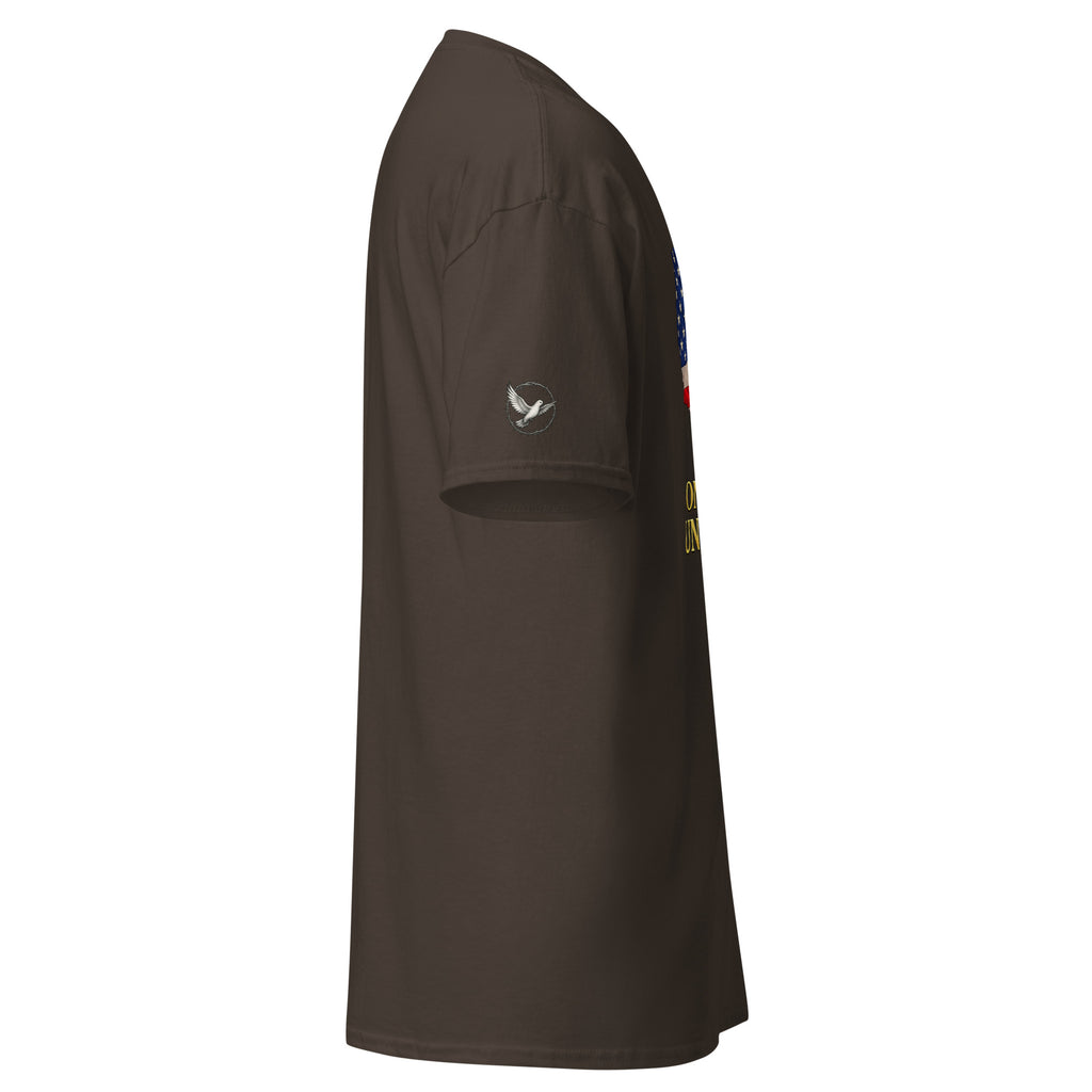 Dark brown t-shirt with a logo on the sleeve against a white background