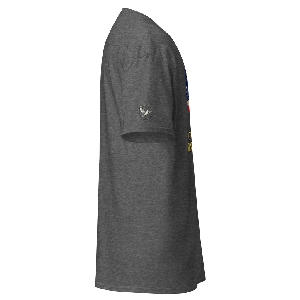 Gray t-shirt with a logo on the sleeve against a white background