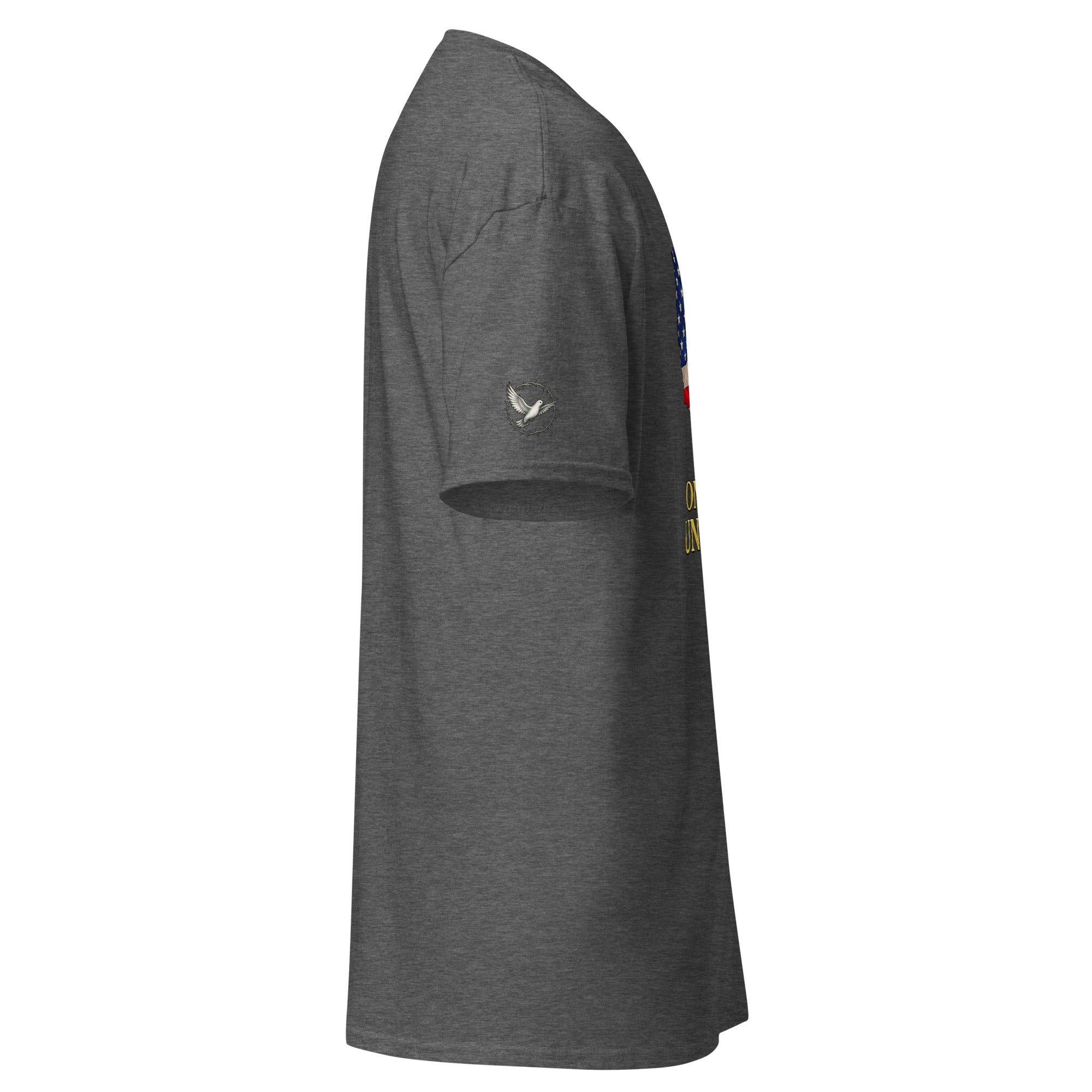 Gray t-shirt with a logo on the sleeve against a white background