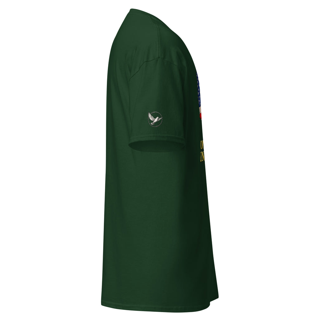 Green t-shirt with a logo on the sleeve against a white background
