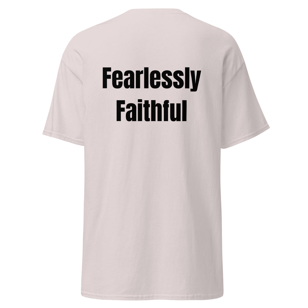 White t-shirt with 'Fearlessly Faithful' text on a white background