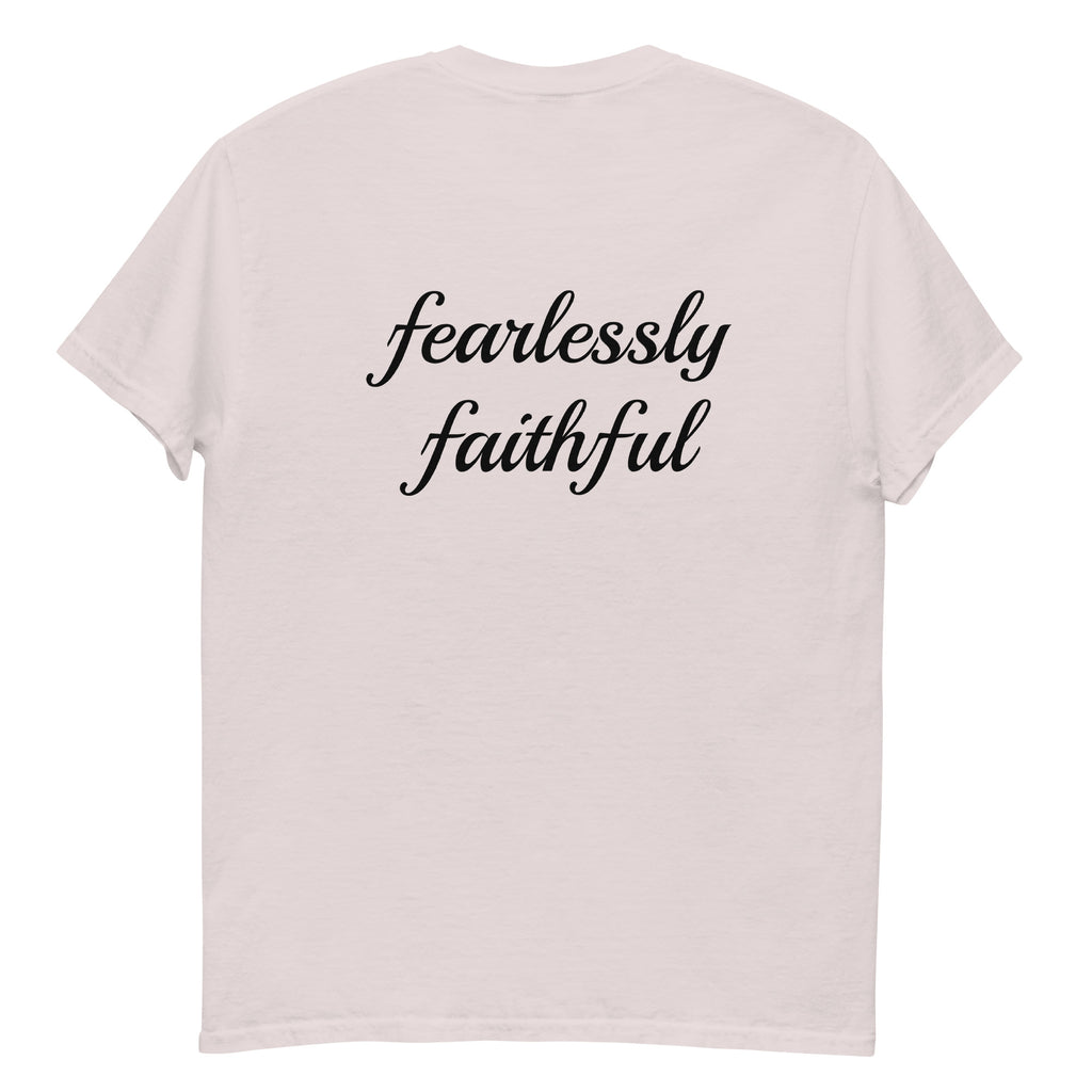 Light pink t-shirt with 'fearlessly faithful' text on a white background