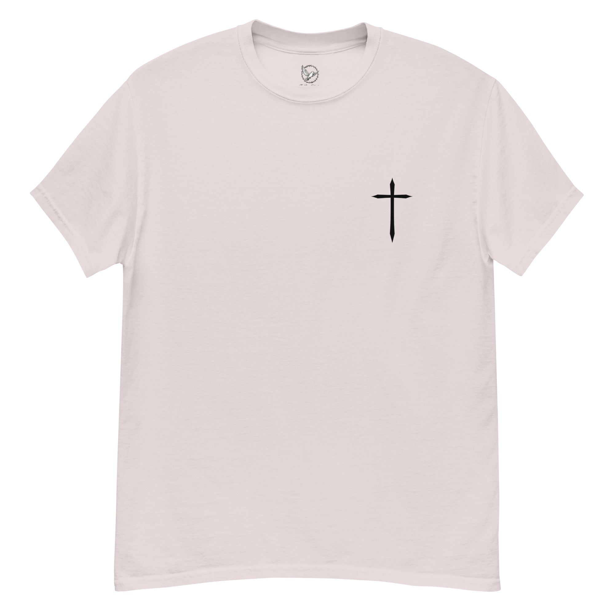 Light pink t-shirt with a black cross on a white background