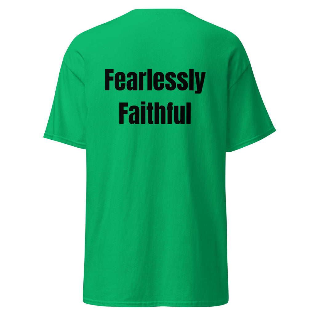Green t-shirt with 'Fearlessly Faithful' text on the back against a white background