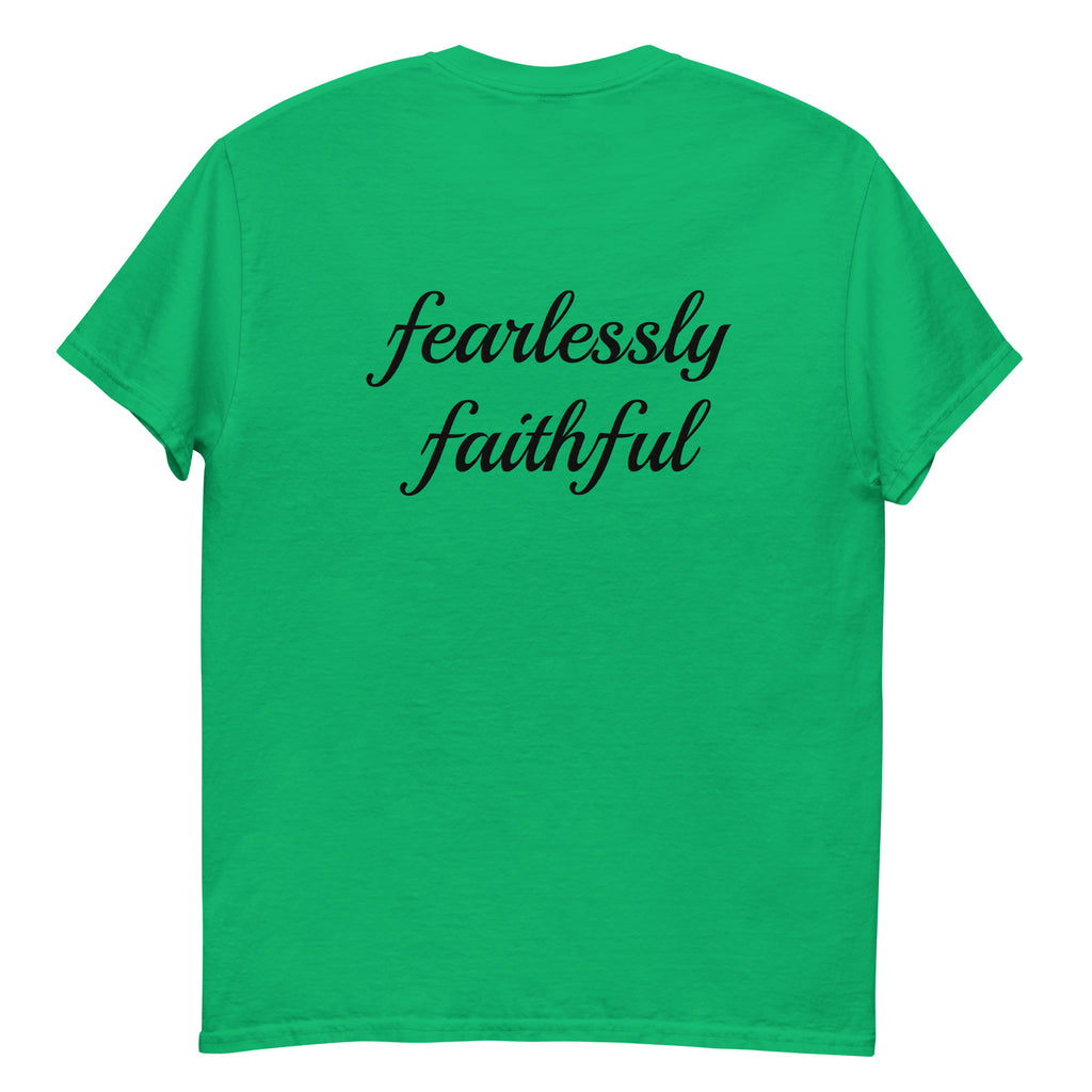 Green t-shirt with 'fearlessly faithful' text on the back against a white background