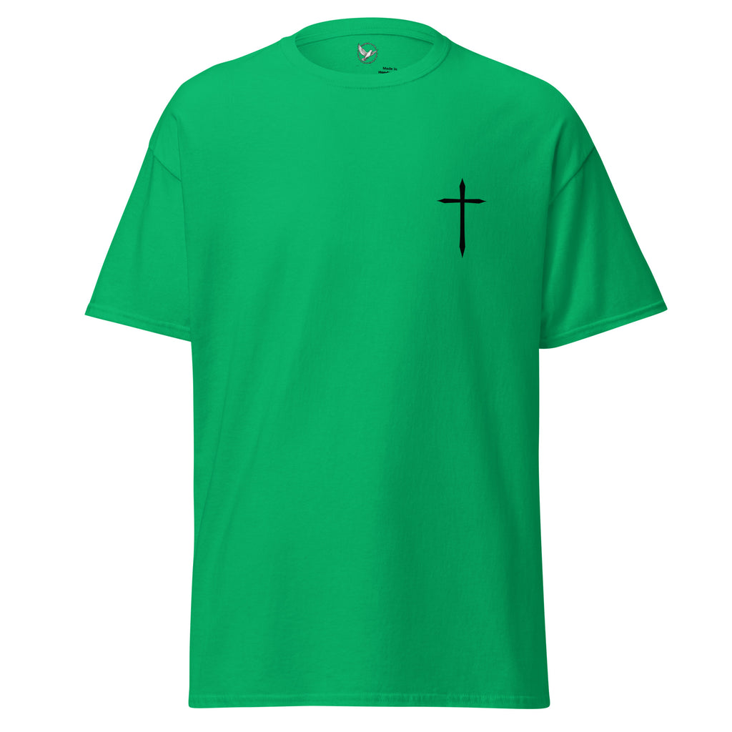 Green t-shirt with a black cross on a white background