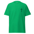 Green t-shirt with a black cross on a white background