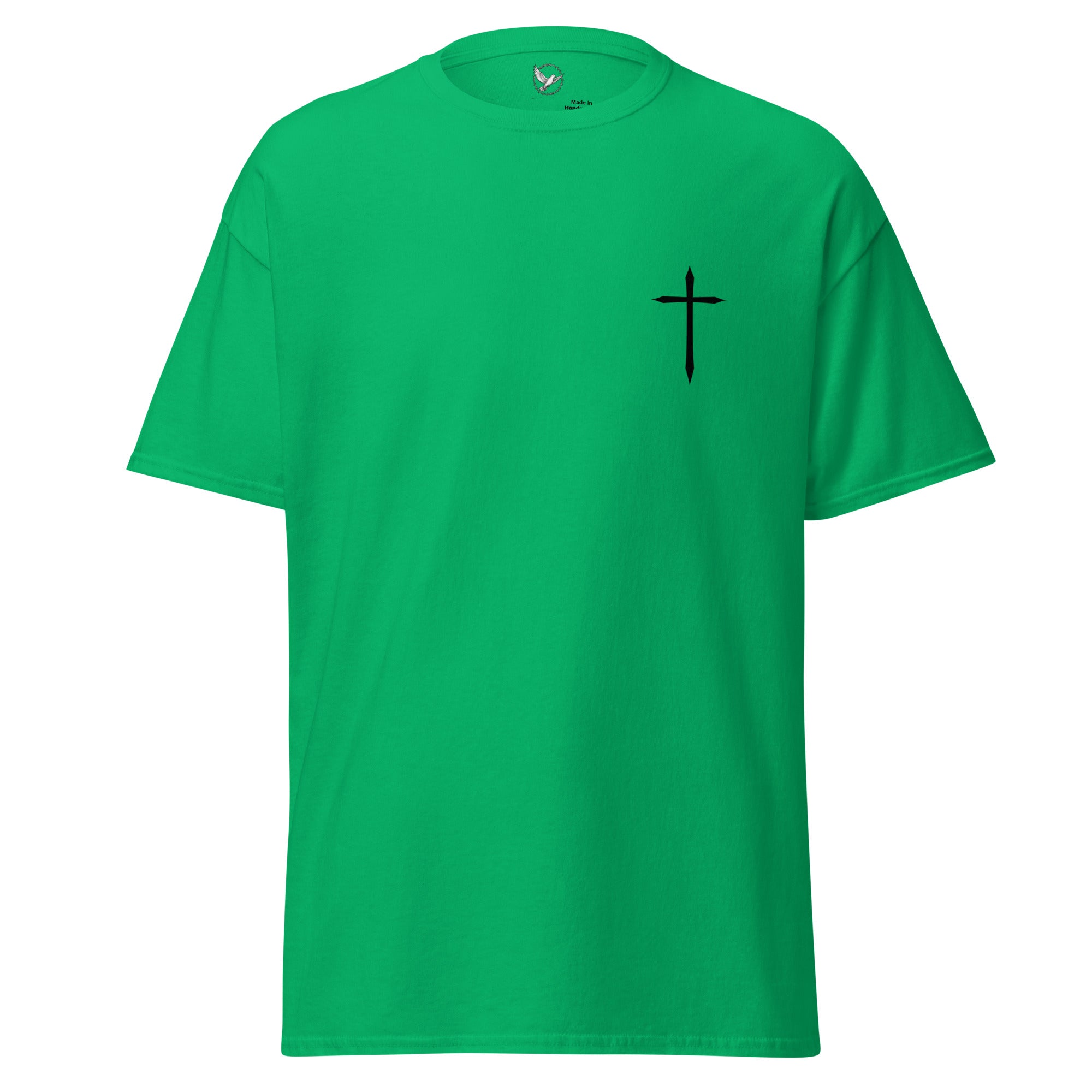Green t-shirt with a black cross on a white background