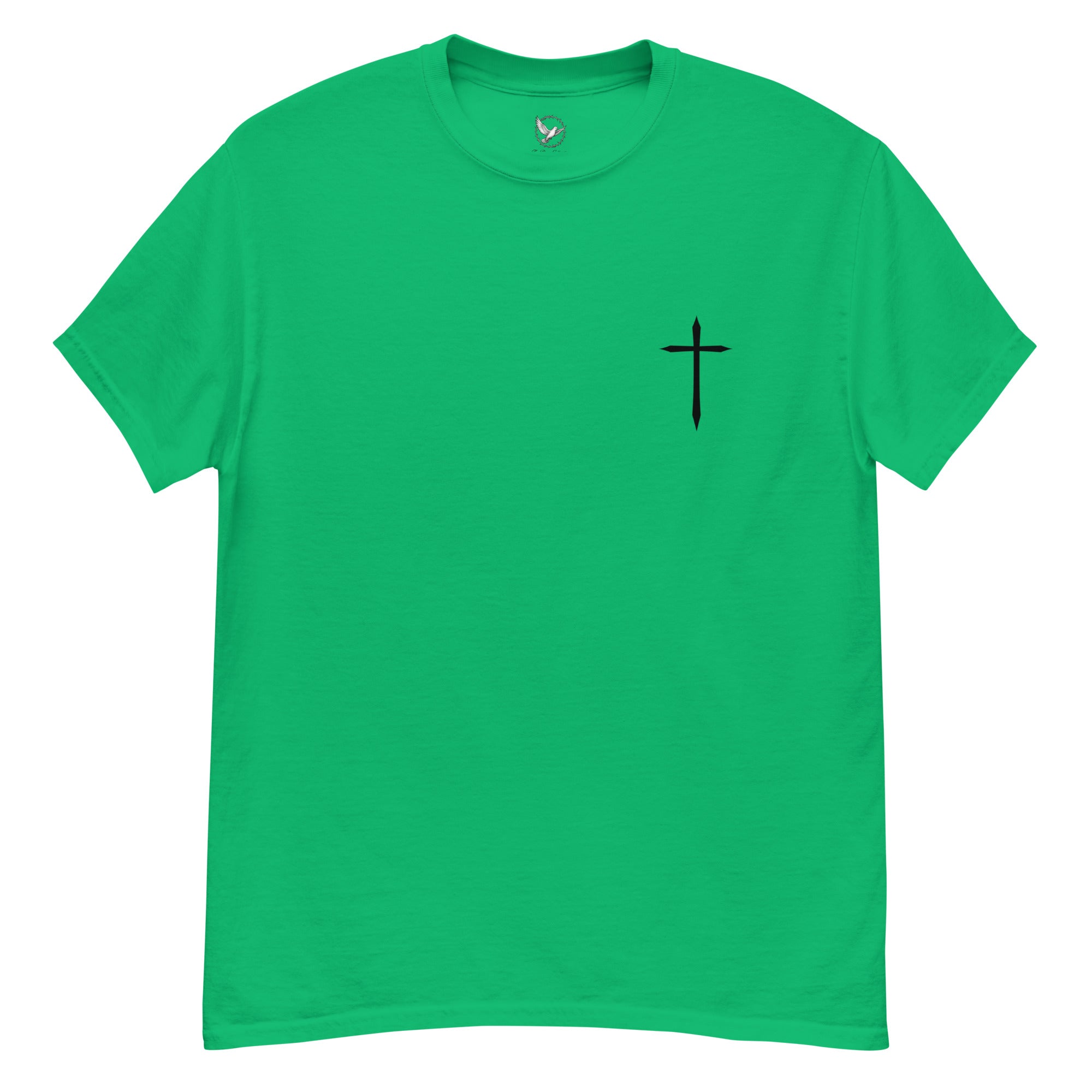 Green t-shirt with a black cross on the chest against a white background