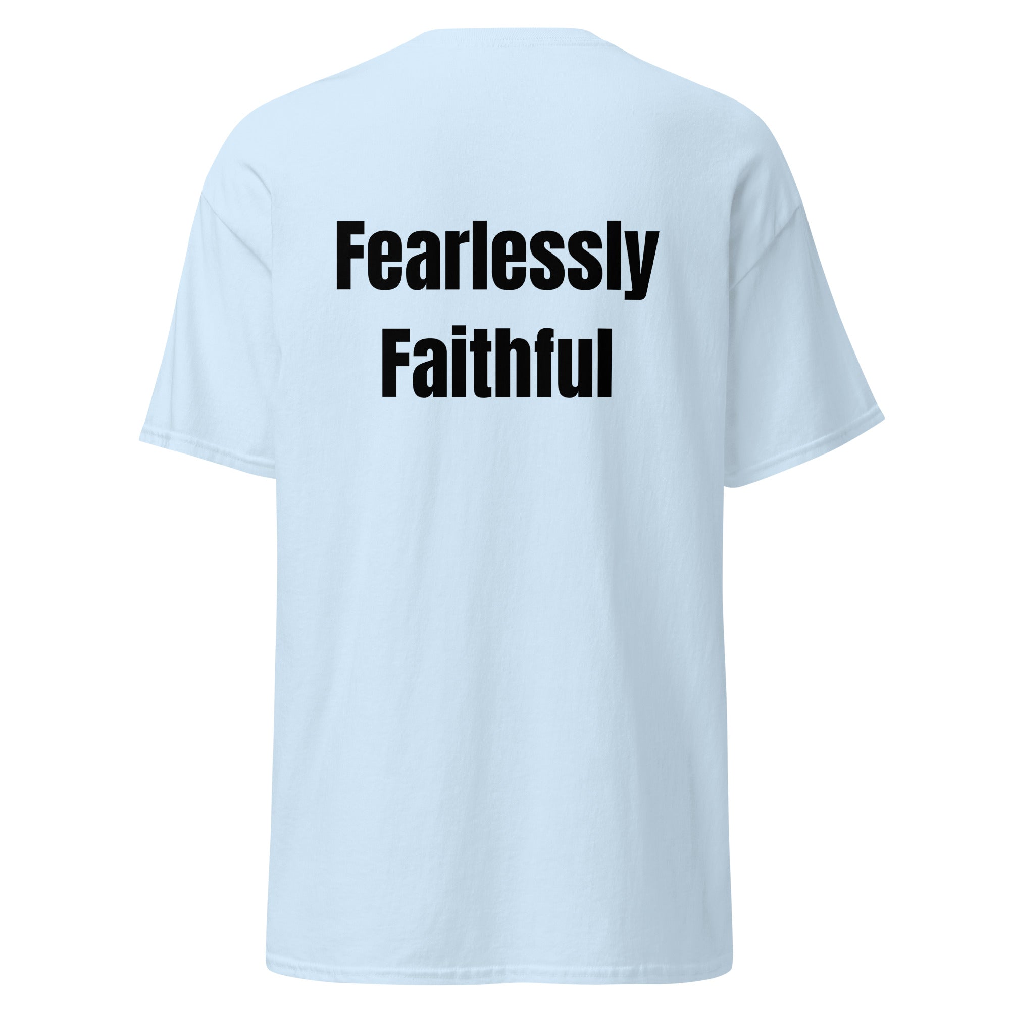 Light blue t-shirt with 'Fearlessly Faithful' text on the back against a white background