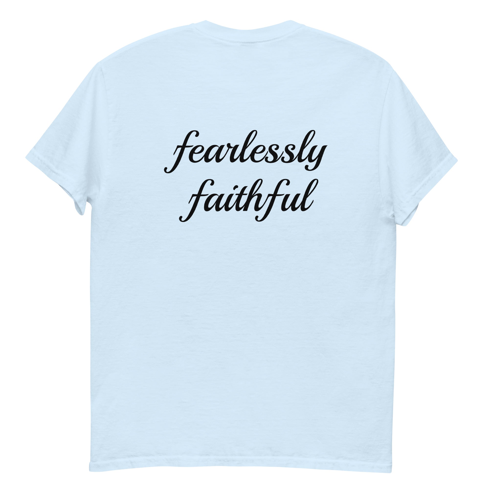 Light blue t-shirt with 'fearlessly faithful' text on a white background