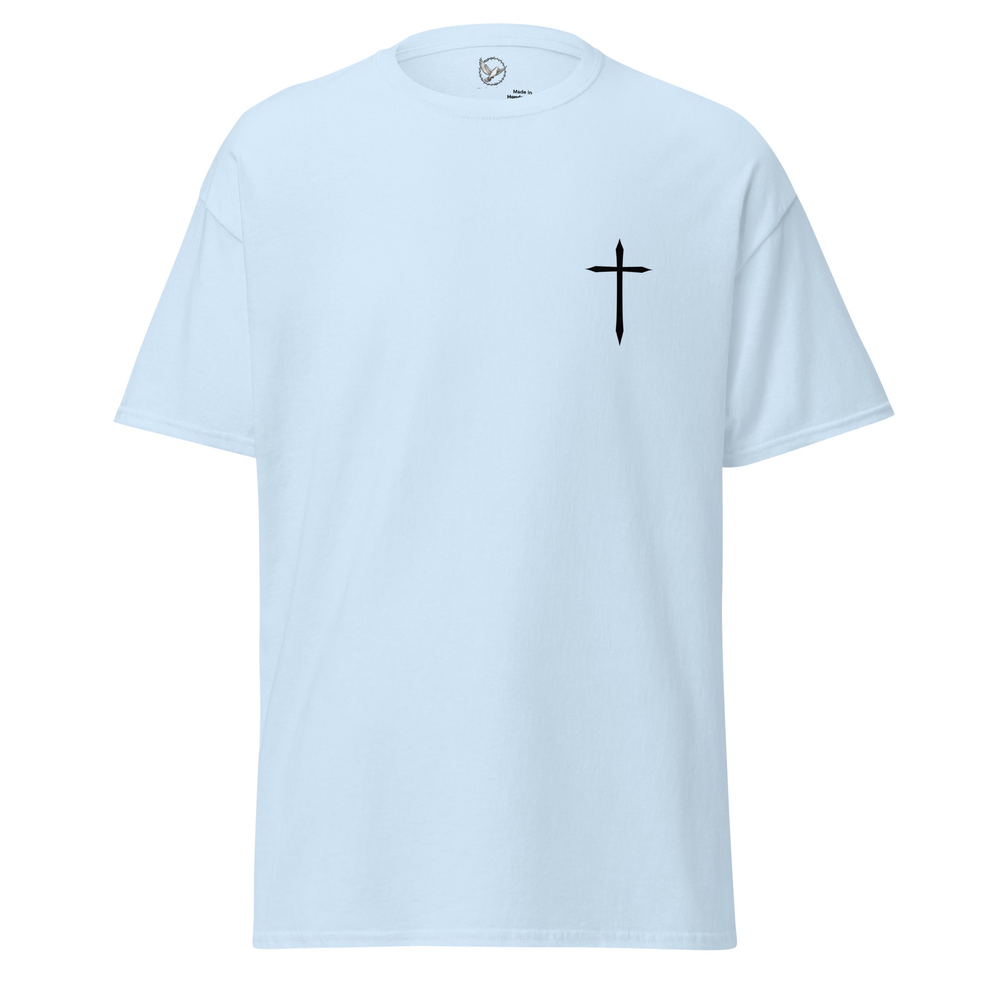 Light blue t-shirt with a black cross on the chest against a white background