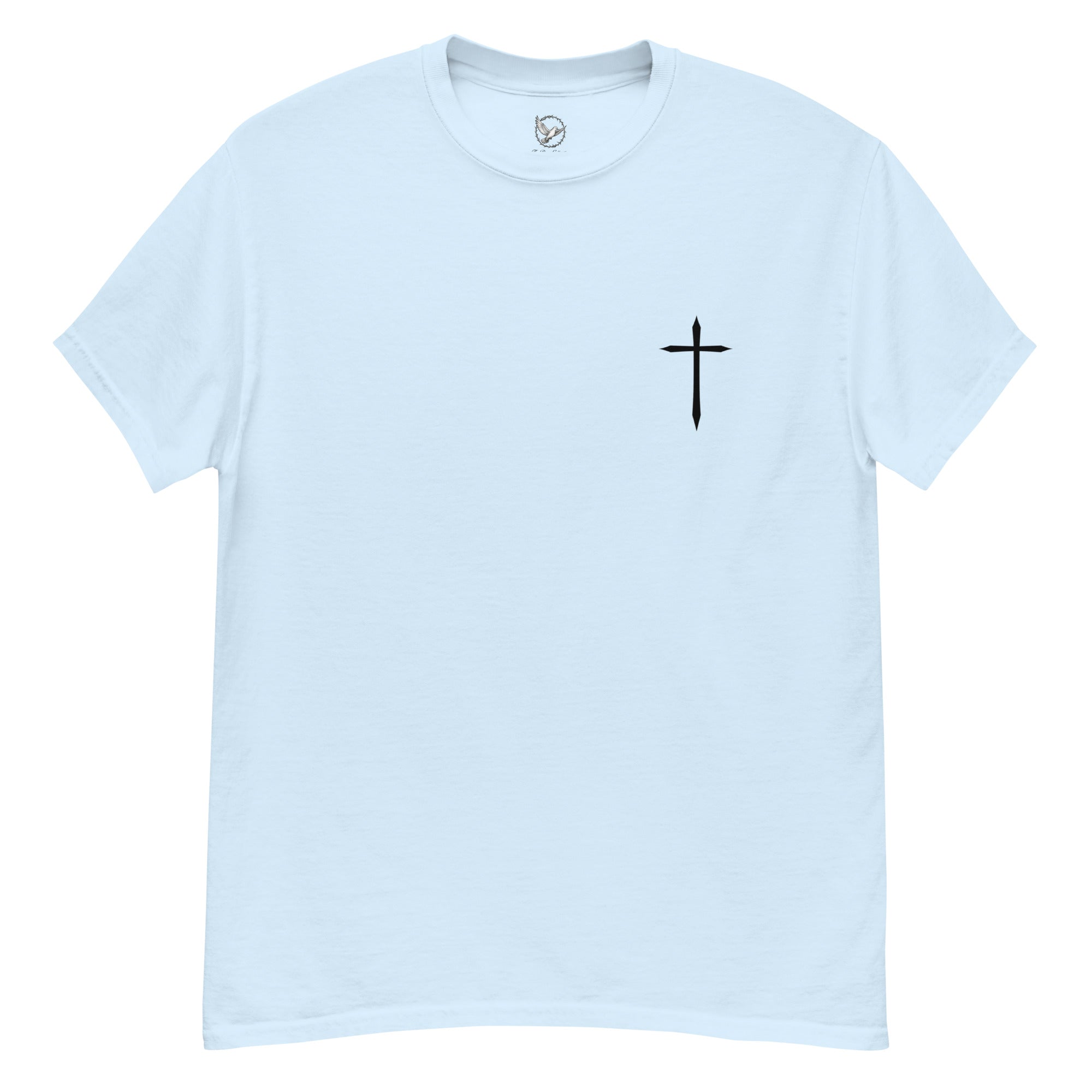 Light blue t-shirt with a black cross on a white background