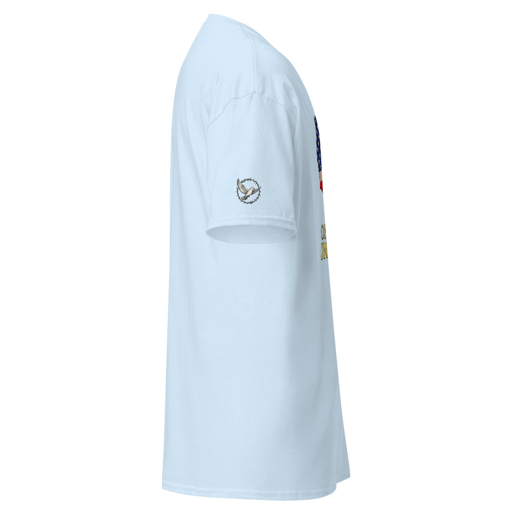 Light blue t-shirt with a small graphic on the chest against a white background
