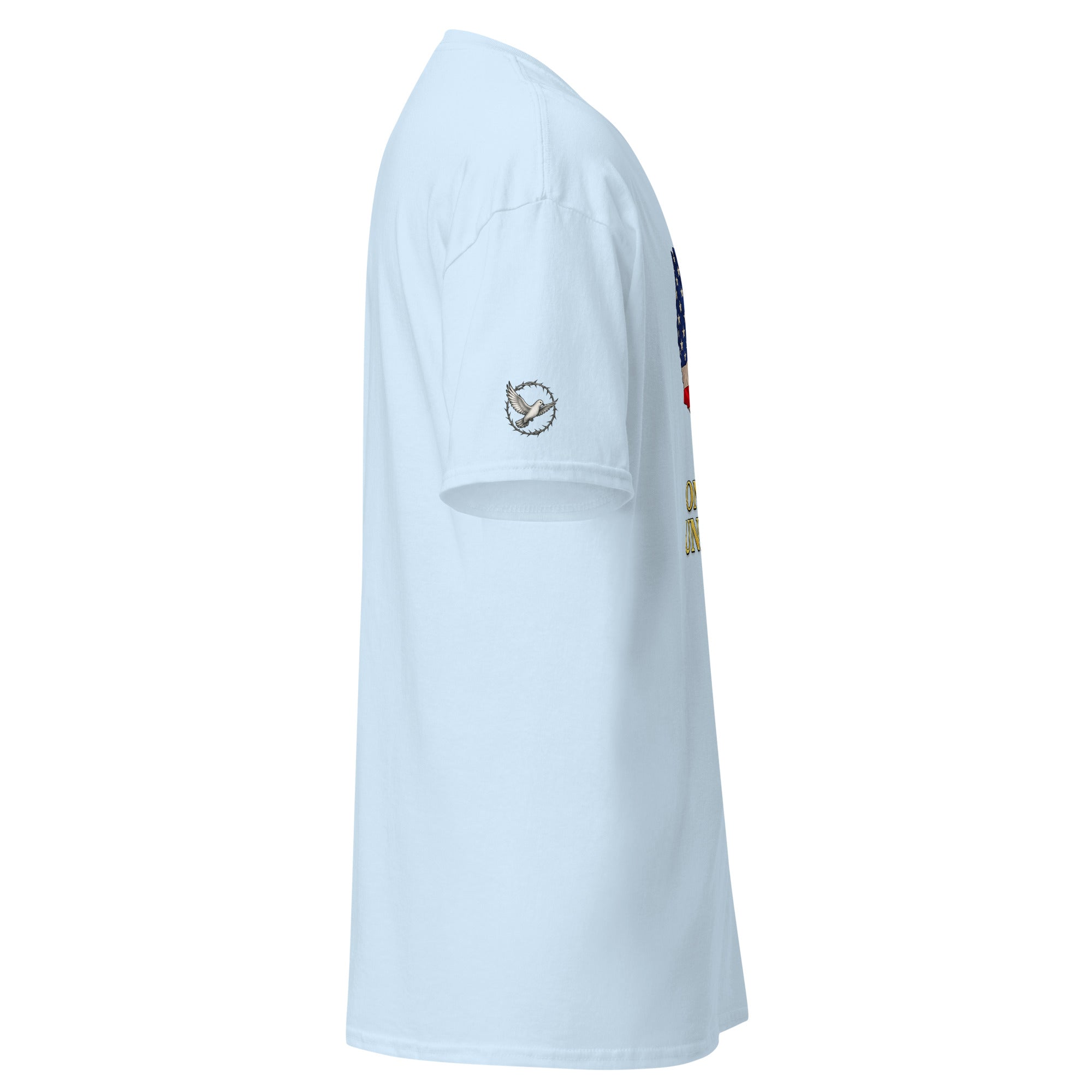 Light blue t-shirt with a small graphic on the chest against a white background