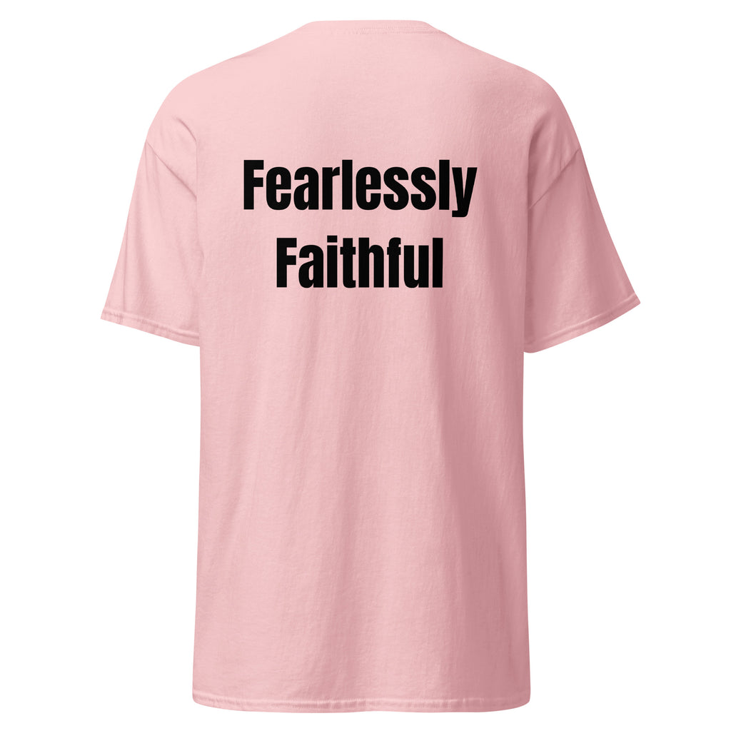 Pink t-shirt with 'Fearlessly Faithful' text on a white background