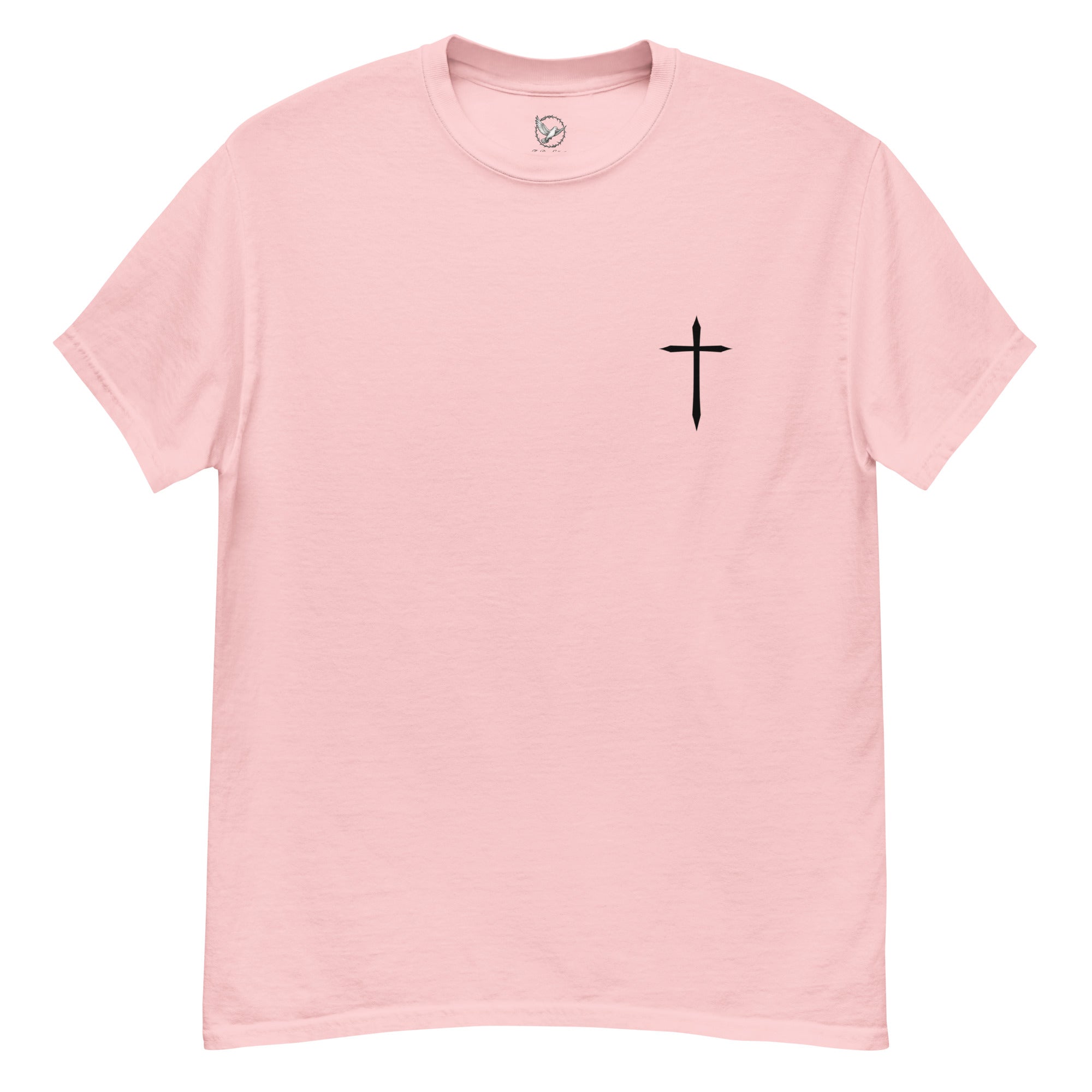 Pink t-shirt with a black cross on a white background