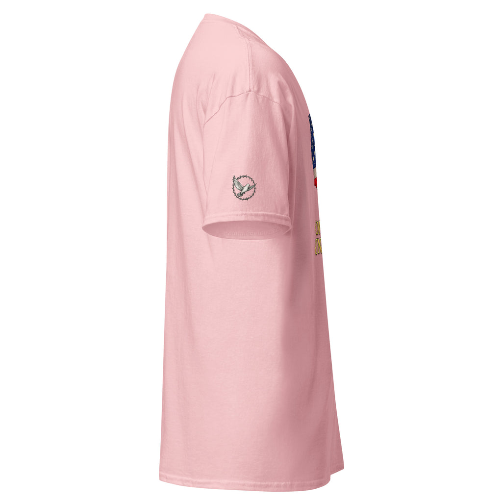 Pink t-shirt with a small graphic on the sleeve against a white background