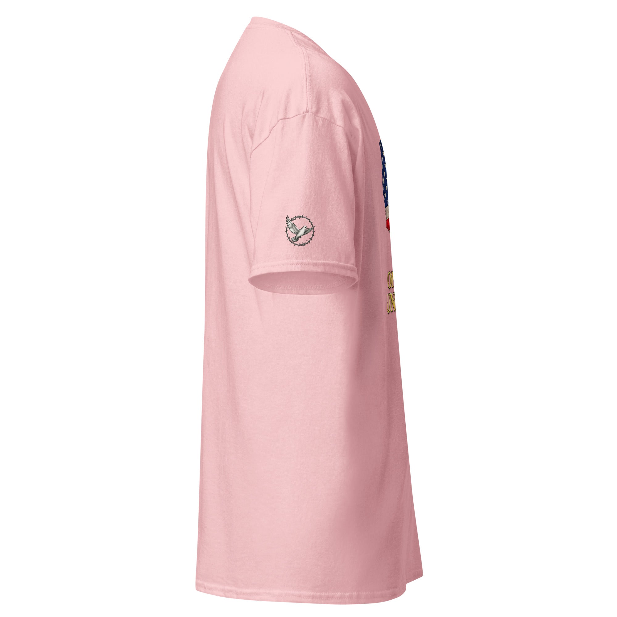 Pink t-shirt with a small graphic on the sleeve against a white background