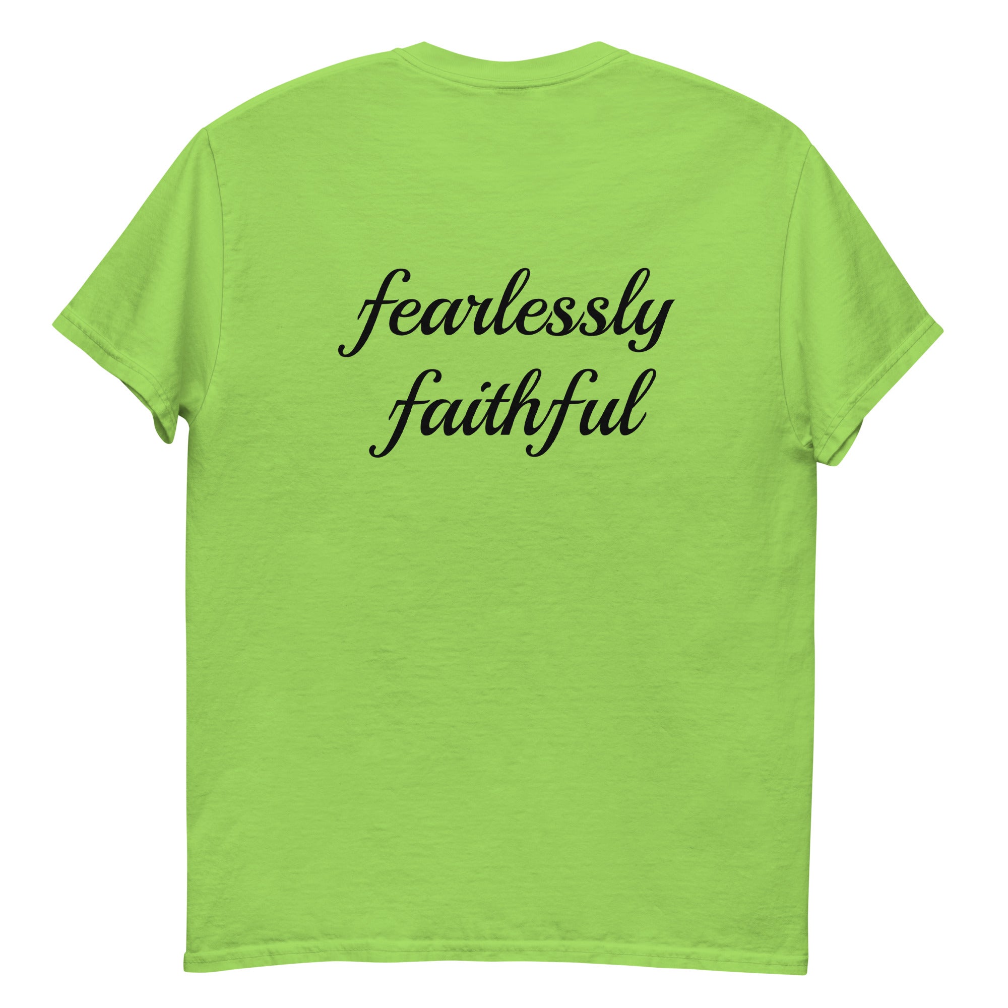 Green t-shirt with 'fearlessly faithful' text on a white background