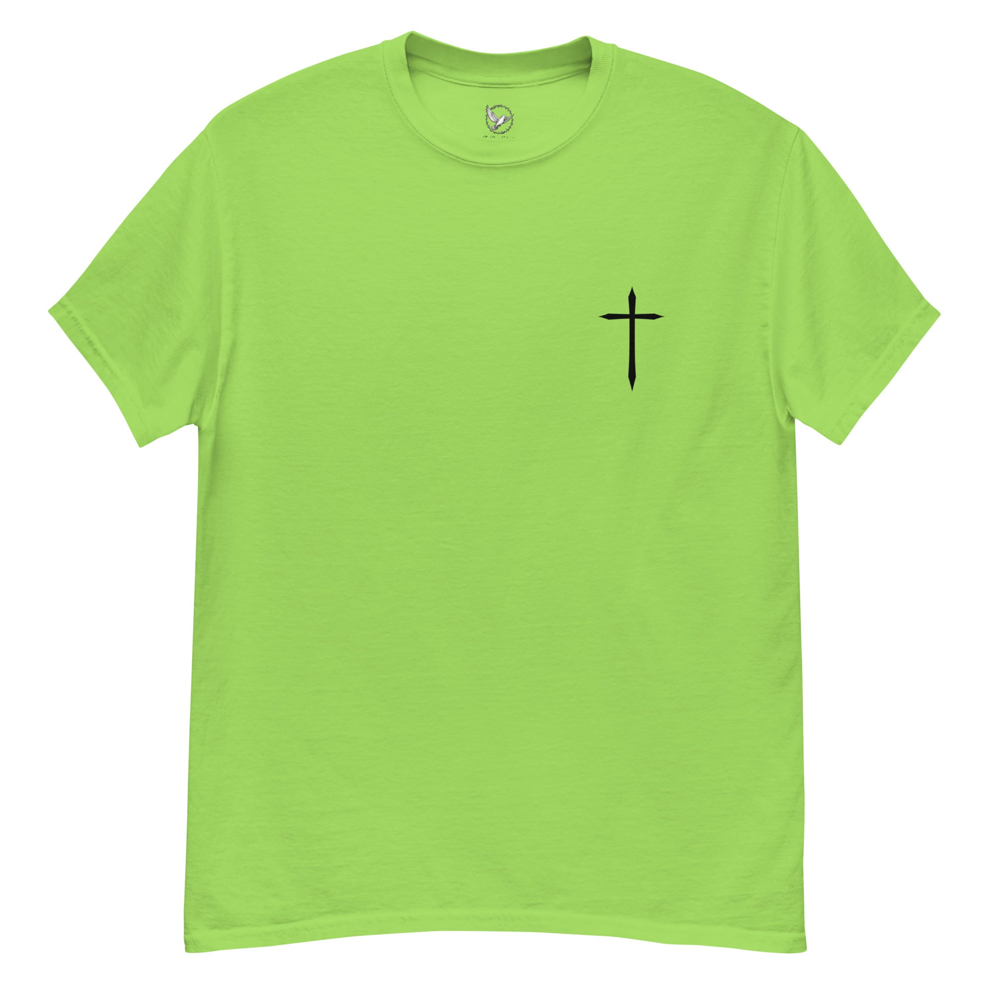 Green t-shirt with a black cross on a white background