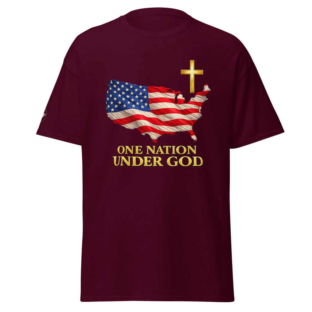Maroon t-shirt with American flag and cross design on a white background