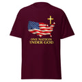 Maroon t-shirt with American flag and cross design on a white background