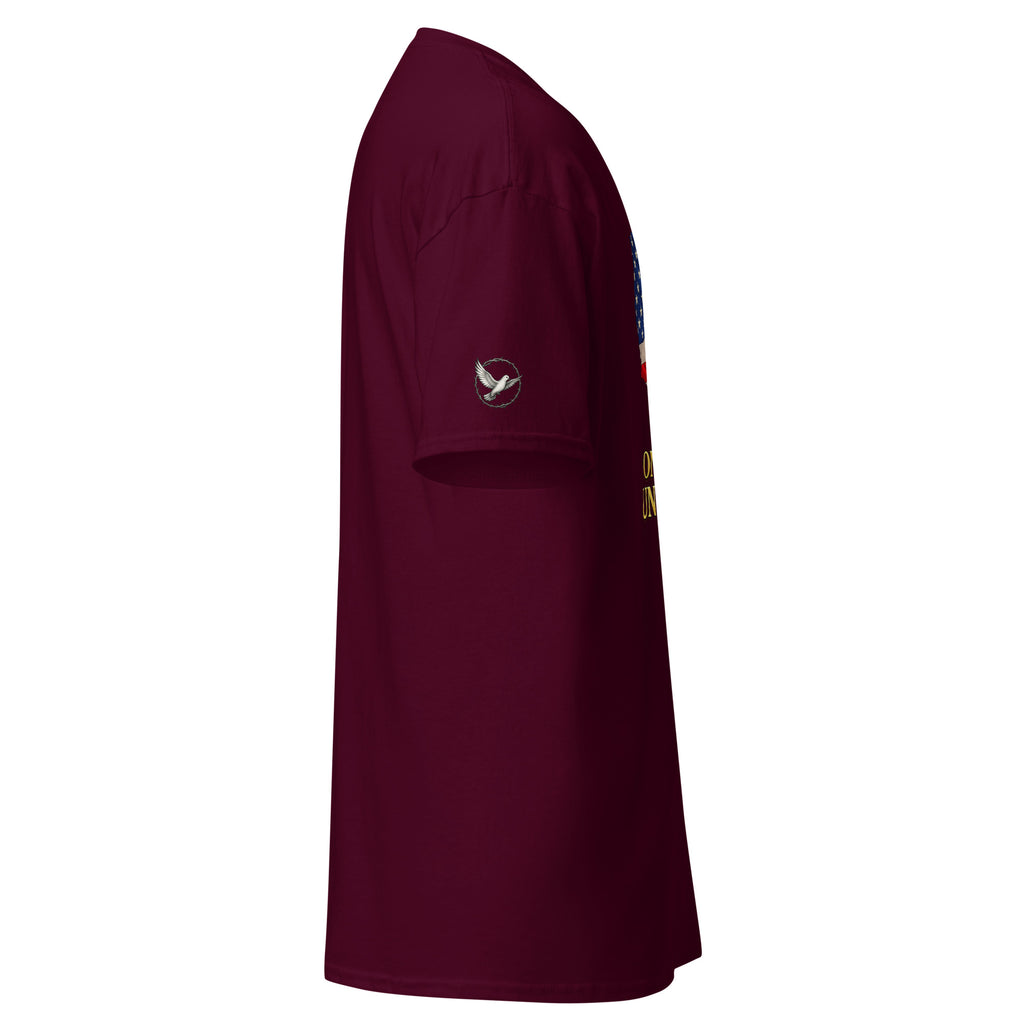 Maroon t-shirt with a logo on the sleeve against a white background