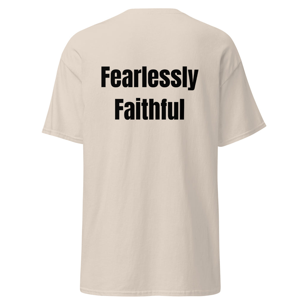 Beige t-shirt with 'Fearlessly Faithful' text on the back against a white background
