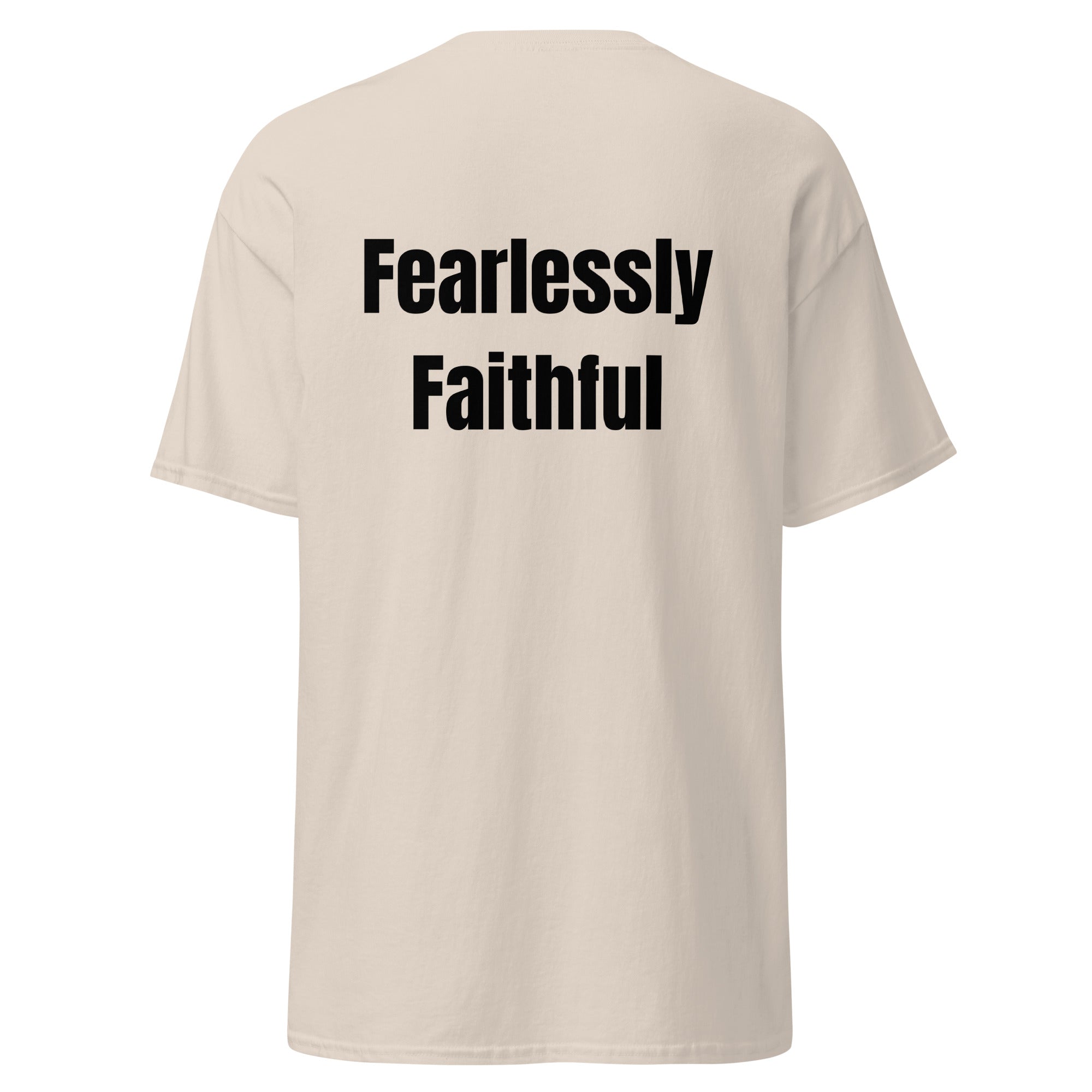 Beige t-shirt with 'Fearlessly Faithful' text on the back against a white background